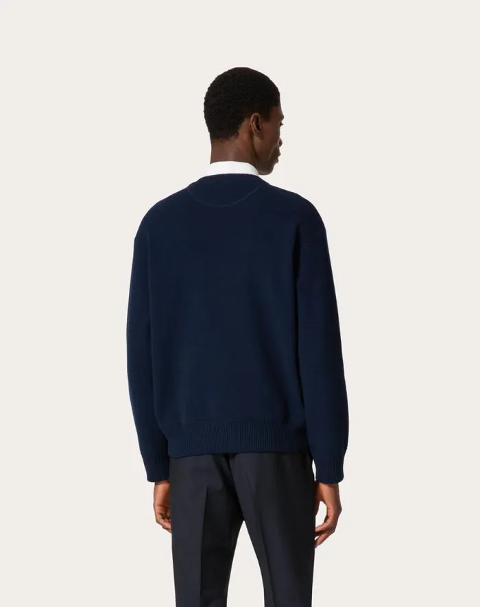 Valentino Knitwear Man Crewneck Wool Sweater With Valentino Embroidery For Man In Navy Navy