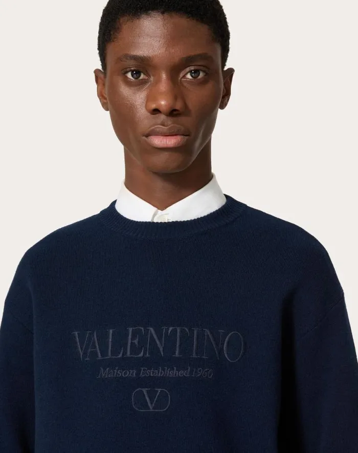 Valentino Knitwear Man Crewneck Wool Sweater With Valentino Embroidery For Man In Navy Navy