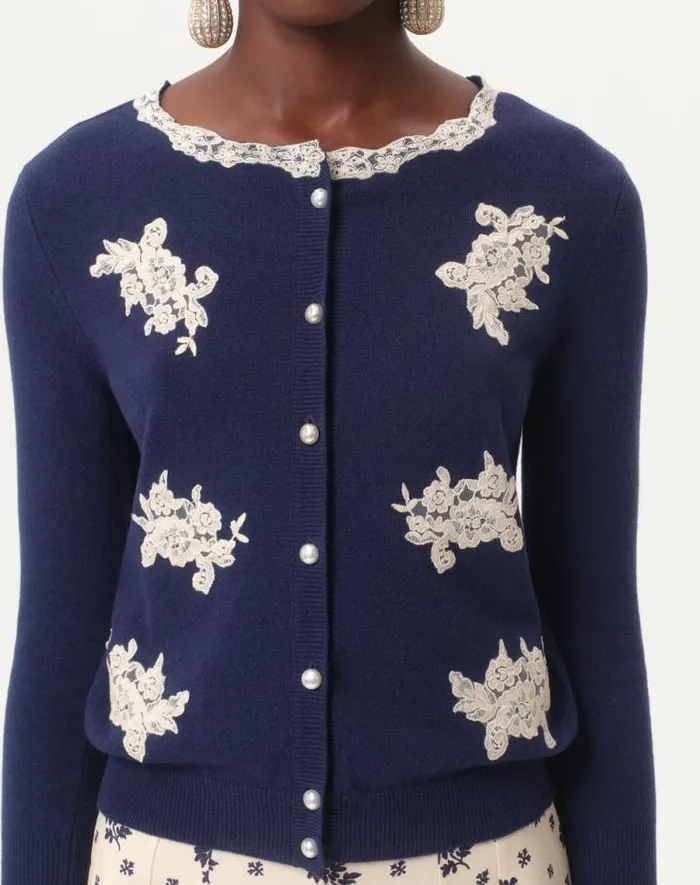 Valentino Knitwear Woman Embroidered Wool And Lace Cardigan For Woman In Blueivory Blueivory