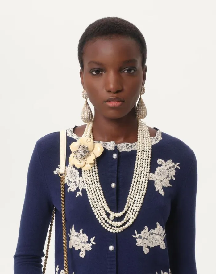 Valentino Knitwear Woman Embroidered Wool And Lace Cardigan For Woman In Blueivory Blueivory