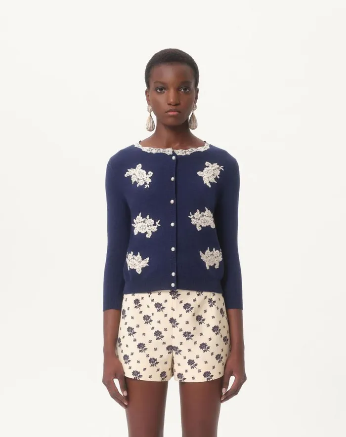 Valentino Knitwear Woman Embroidered Wool And Lace Cardigan For Woman In Blueivory Blueivory