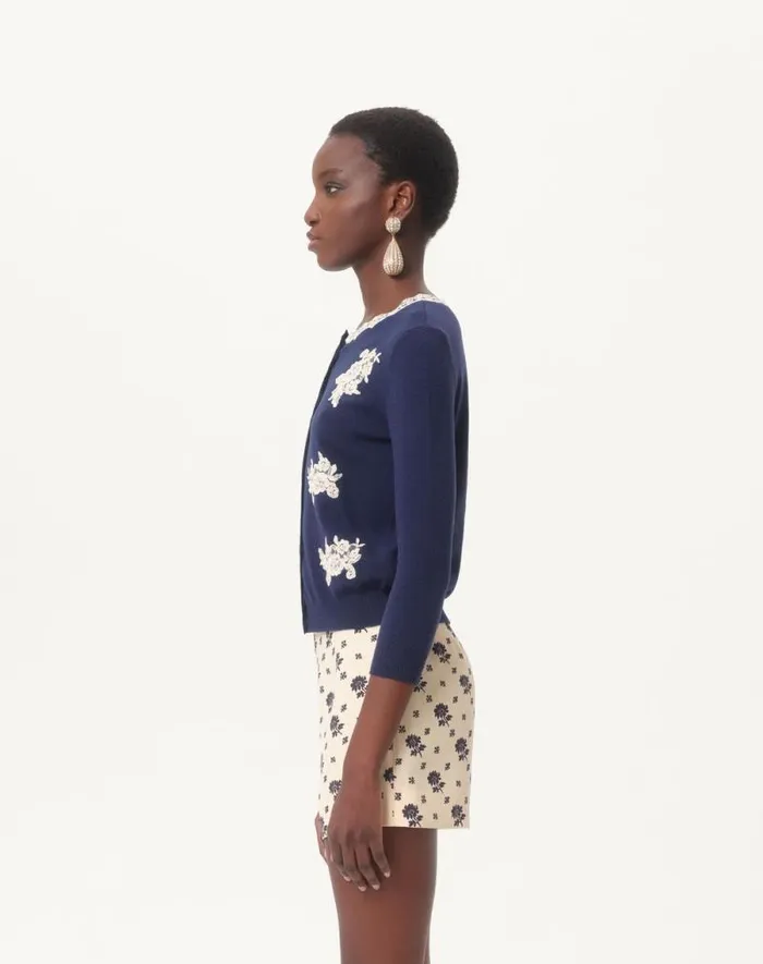 Valentino Knitwear Woman Embroidered Wool And Lace Cardigan For Woman In Blueivory Blueivory