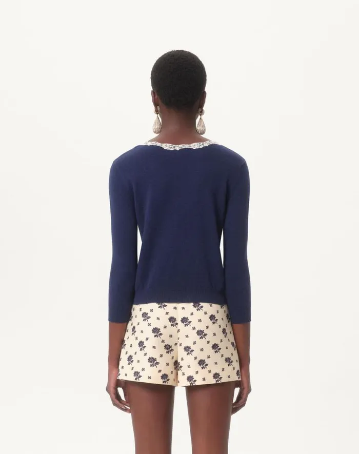 Valentino Knitwear Woman Embroidered Wool And Lace Cardigan For Woman In Blueivory Blueivory