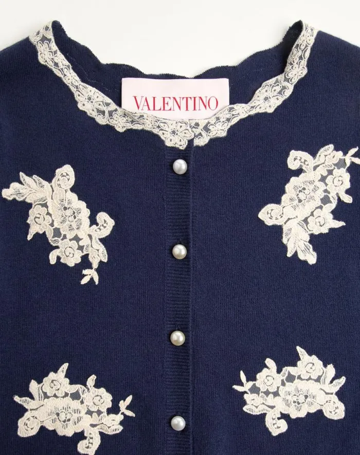 Valentino Knitwear Woman Embroidered Wool And Lace Cardigan For Woman In Blueivory Blueivory