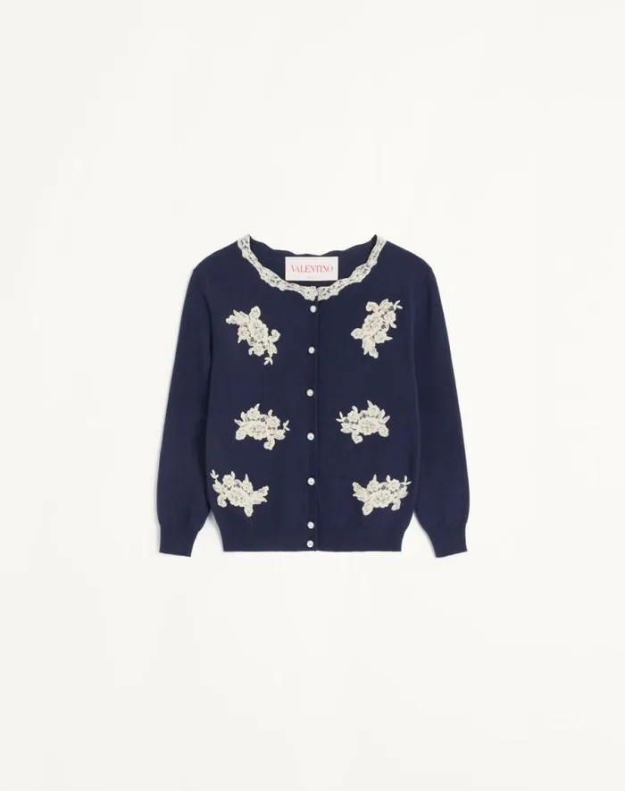 Valentino Knitwear Woman Embroidered Wool And Lace Cardigan For Woman In Blueivory Blueivory