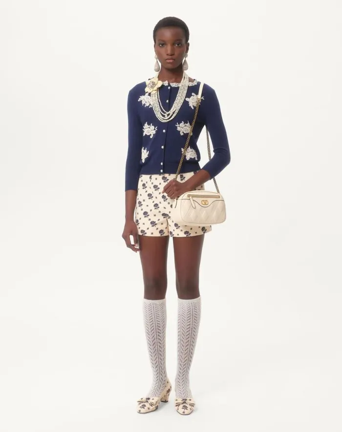 Valentino Knitwear Woman Embroidered Wool And Lace Cardigan For Woman In Blueivory Blueivory