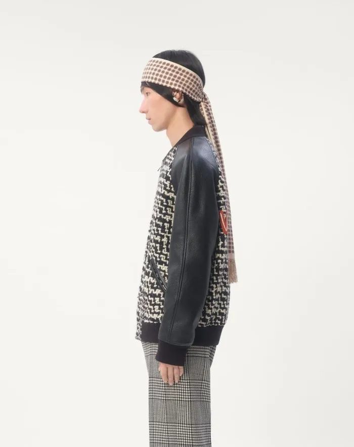 Valentino Outerwear Man Wool Tweed Bomber Jacket With Chez Valentino Patch For Man In Ivoryblack Ivoryblack