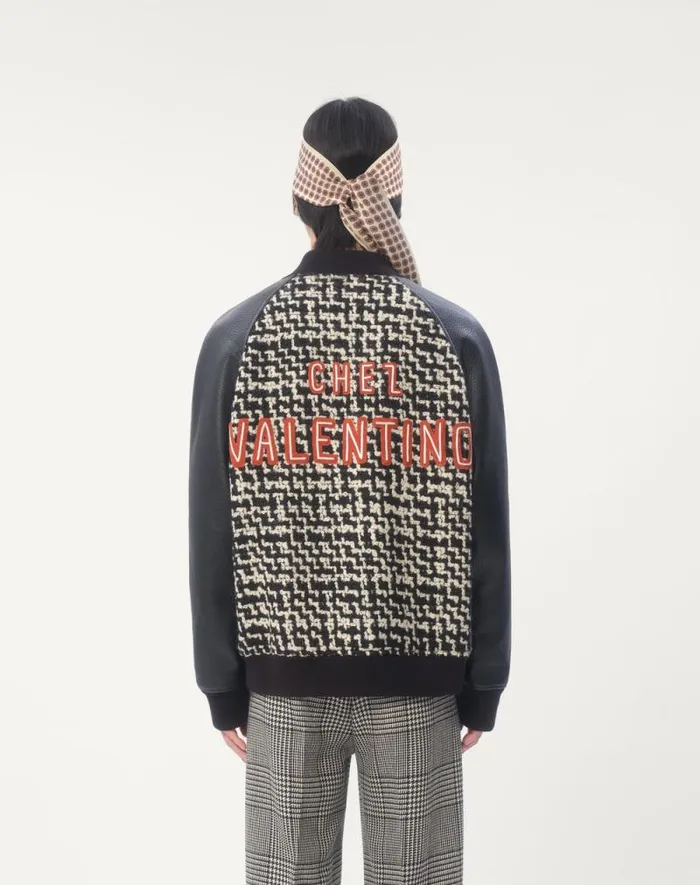 Valentino Outerwear Man Wool Tweed Bomber Jacket With Chez Valentino Patch For Man In Ivoryblack Ivoryblack
