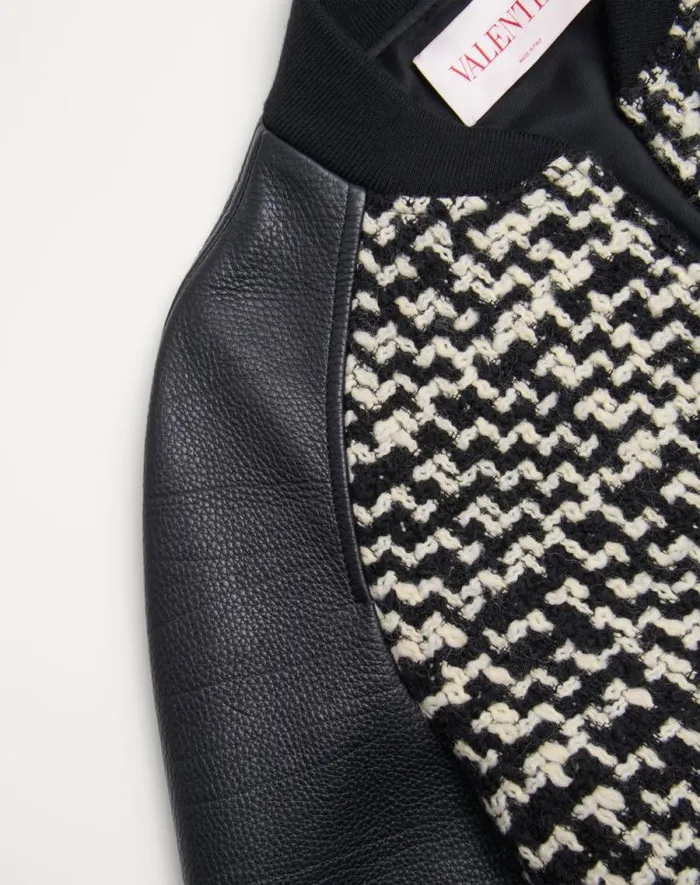 Valentino Outerwear Man Wool Tweed Bomber Jacket With Chez Valentino Patch For Man In Ivoryblack Ivoryblack