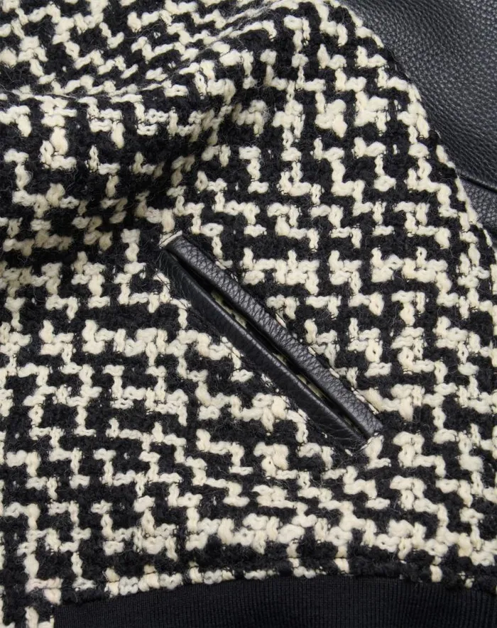 Valentino Outerwear Man Wool Tweed Bomber Jacket With Chez Valentino Patch For Man In Ivoryblack Ivoryblack