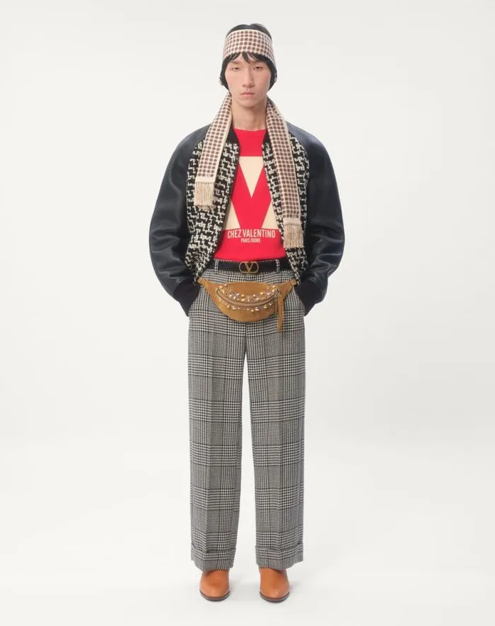 Valentino Outerwear Man Wool Tweed Bomber Jacket With Chez Valentino Patch For Man In Ivoryblack Ivoryblack