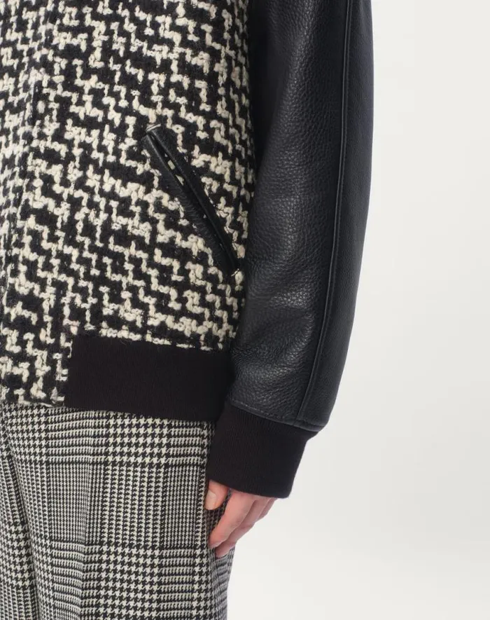 Valentino Outerwear Man Wool Tweed Bomber Jacket With Chez Valentino Patch For Man In Ivoryblack Ivoryblack