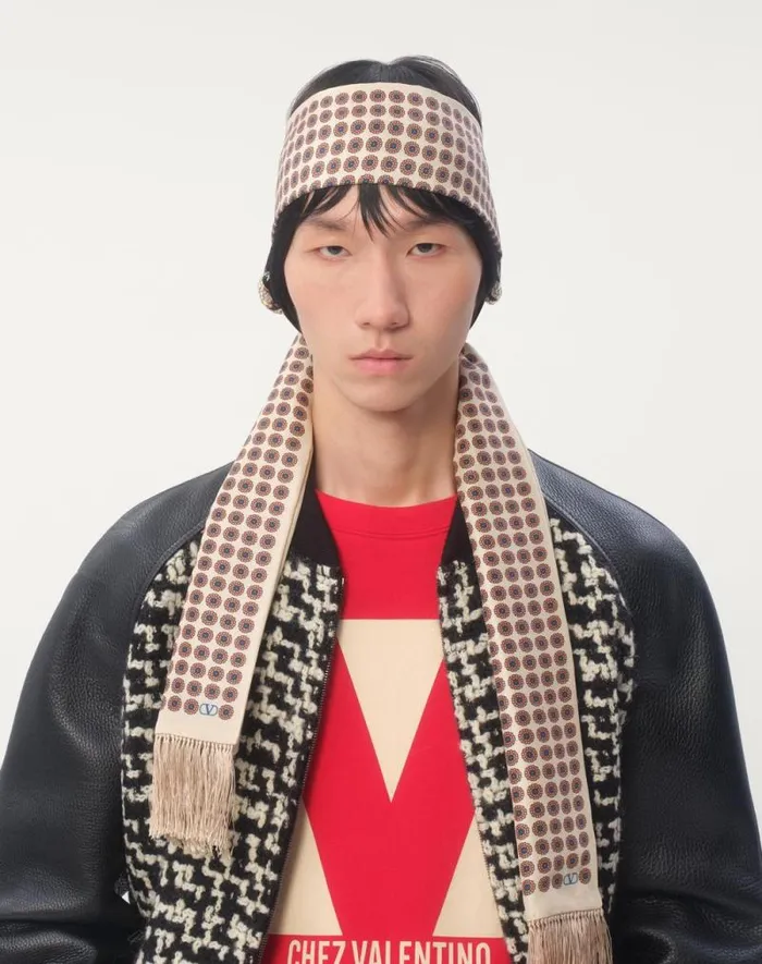 Valentino Outerwear Man Wool Tweed Bomber Jacket With Chez Valentino Patch For Man In Ivoryblack Ivoryblack