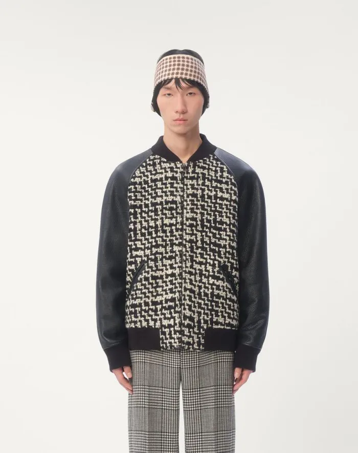 Valentino Outerwear Man Wool Tweed Bomber Jacket With Chez Valentino Patch For Man In Ivoryblack Ivoryblack