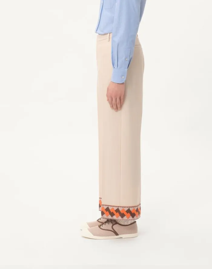Valentino Pants And Shorts Man Wool Gabardine Trousers With Jacquard Hem For Man In Butter Butter Valentino Pants And Shorts Man Wool Gabardine Trousers With Jacquard Hem For Man In Butter Butter