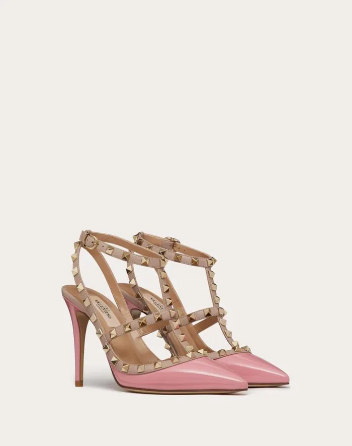 Valentino Pumps Woman Patent Rockstud Caged Pump 100mm For Woman In Poudre Poudre