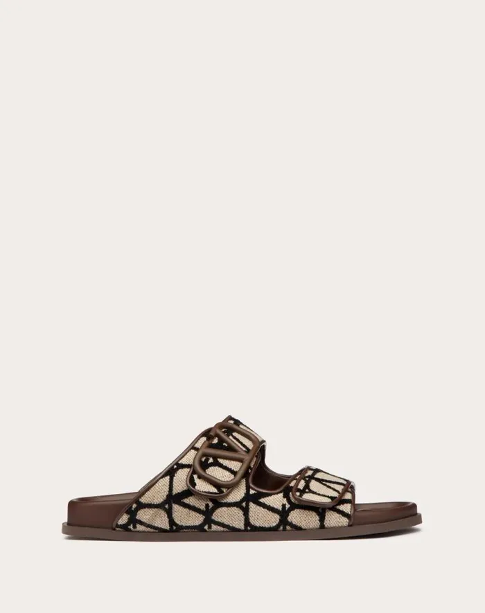 Valentino Sandals Man Vlogo Toile Iconographe Sandal For Man In Beigeblack Beigeblack