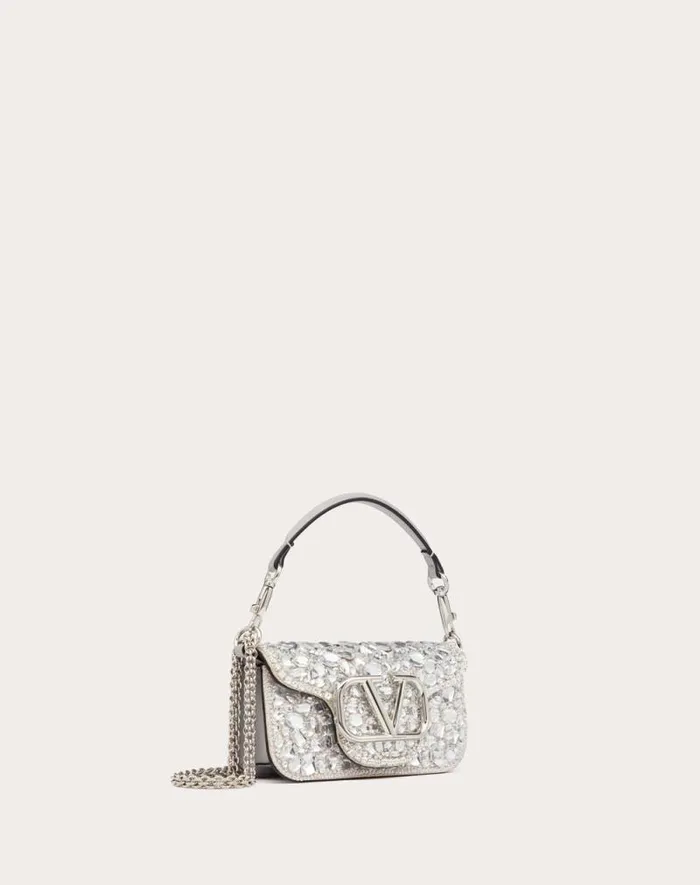 Valentino Shoulder Bags Woman Small Valentino Garavani Loc Shoulder Bag With Crystals For Woman In Silver Silver