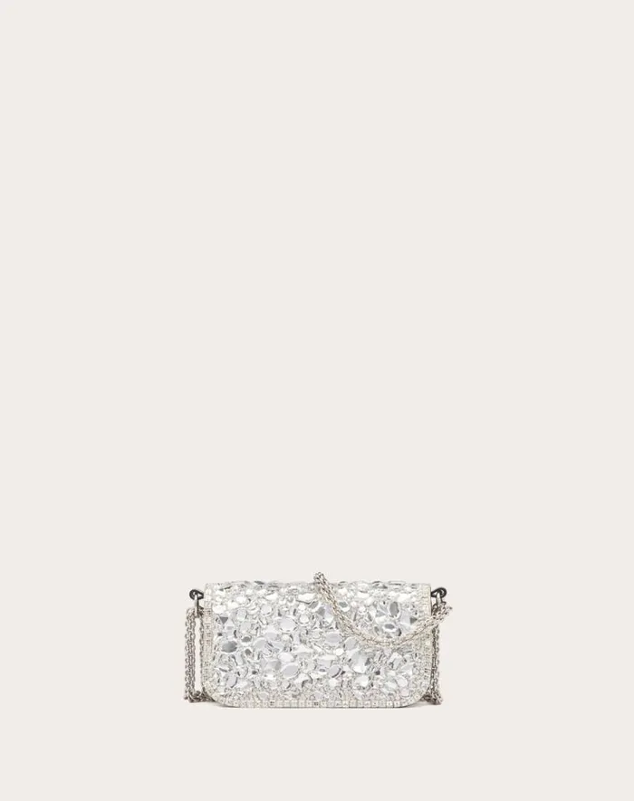 Valentino Shoulder Bags Woman Small Valentino Garavani Loc Shoulder Bag With Crystals For Woman In Silver Silver