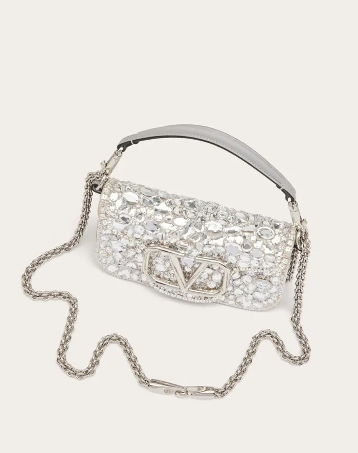 Valentino Shoulder Bags Woman Small Valentino Garavani Loc Shoulder Bag With Crystals For Woman In Silver Silver