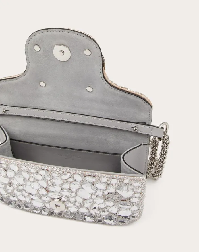 Valentino Shoulder Bags Woman Small Valentino Garavani Loc Shoulder Bag With Crystals For Woman In Silver Silver