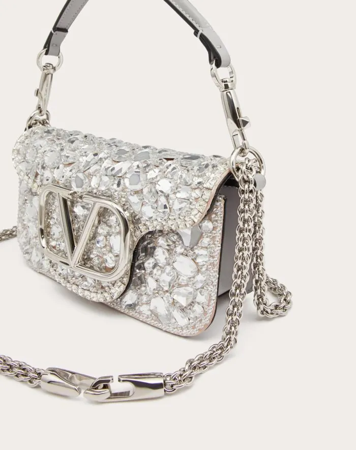 Valentino Shoulder Bags Woman Small Valentino Garavani Loc Shoulder Bag With Crystals For Woman In Silver Silver