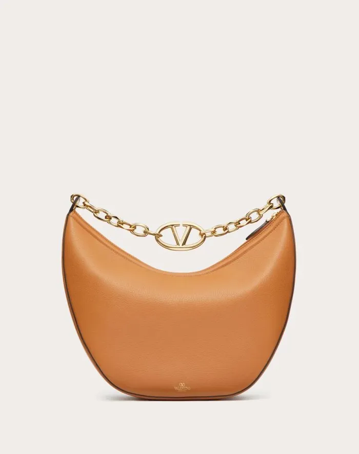 Valentino Shoulder Bags Woman Vlogo Moon Medium Grainy Calfskin Hobo Bag With Chain For Woman In Almond Almond