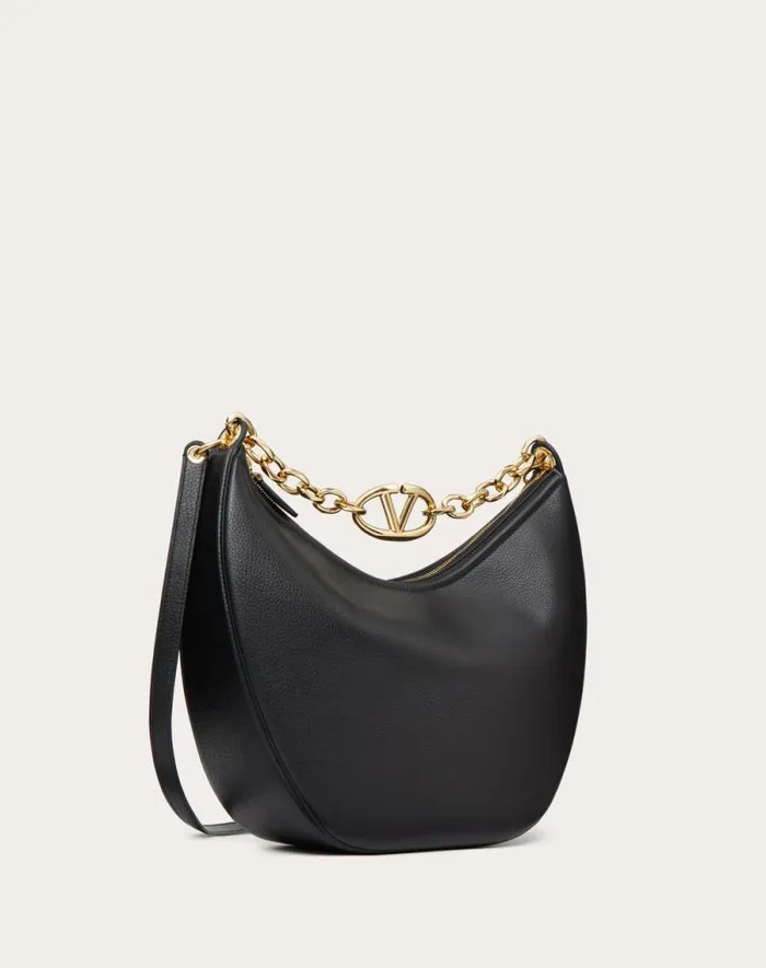 Valentino Shoulder Bags Woman Vlogo Moon Medium Grainy Calfskin Hobo Bag With Chain For Woman In Almond Almond