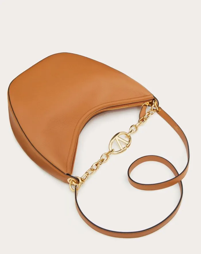 Valentino Shoulder Bags Woman Vlogo Moon Medium Grainy Calfskin Hobo Bag With Chain For Woman In Almond Almond