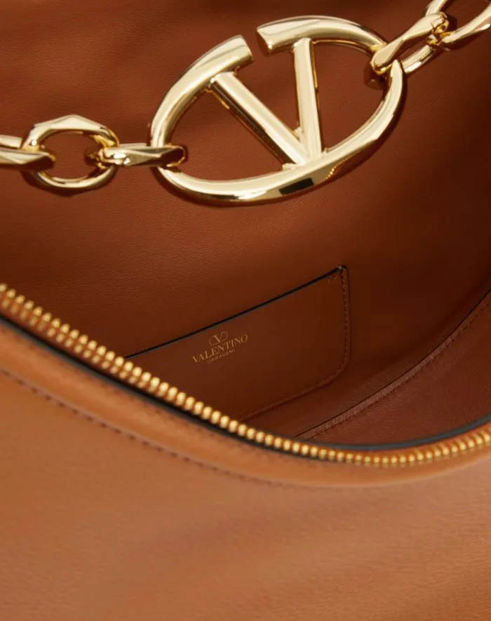 Valentino Shoulder Bags Woman Vlogo Moon Medium Grainy Calfskin Hobo Bag With Chain For Woman In Almond Almond