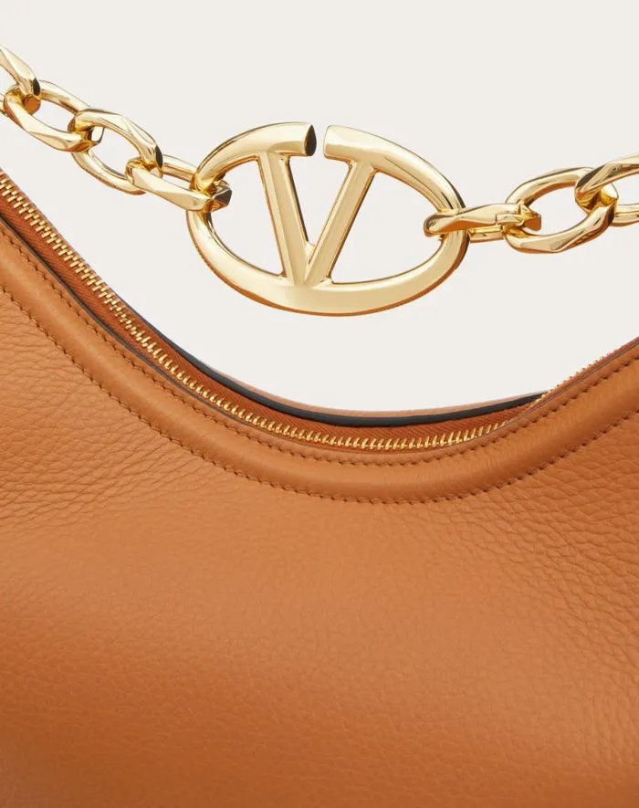 Valentino Shoulder Bags Woman Vlogo Moon Medium Grainy Calfskin Hobo Bag With Chain For Woman In Almond Almond