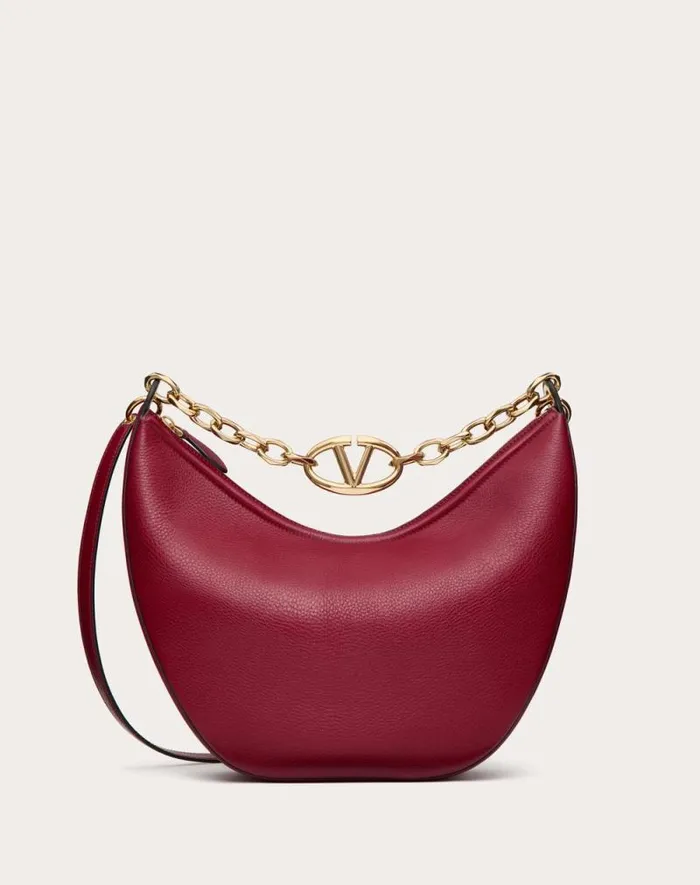 Valentino Shoulder Bags Woman Vlogo Moon Medium Grainy Calfskin Hobo Bag With Chain For Woman In Almond Almond