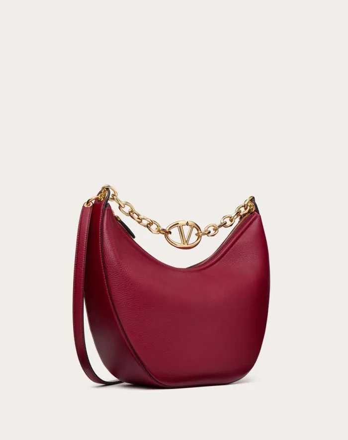 Valentino Shoulder Bags Woman Vlogo Moon Medium Grainy Calfskin Hobo Bag With Chain For Woman In Almond Almond