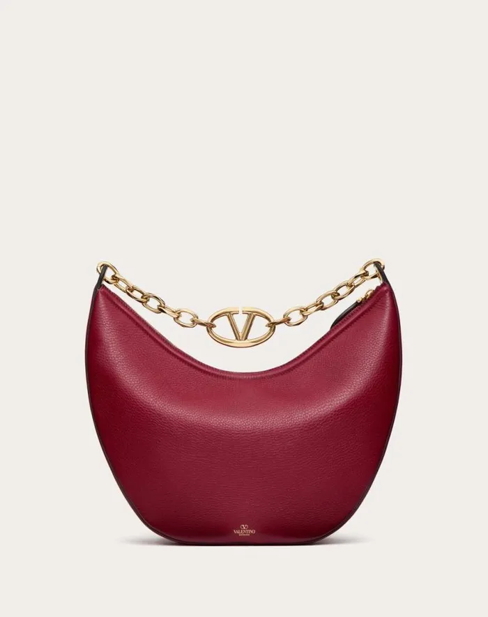 Valentino Shoulder Bags Woman Vlogo Moon Medium Grainy Calfskin Hobo Bag With Chain For Woman In Almond Almond