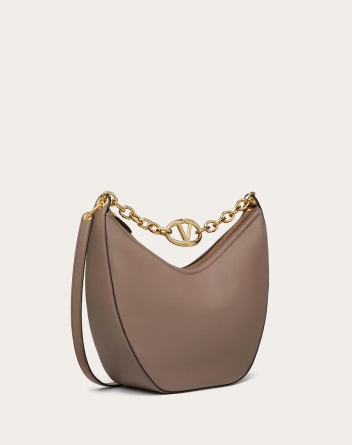 Valentino Shoulder Bags Woman Vlogo Moon Medium Grainy Calfskin Hobo Bag With Chain For Woman In Almond Almond