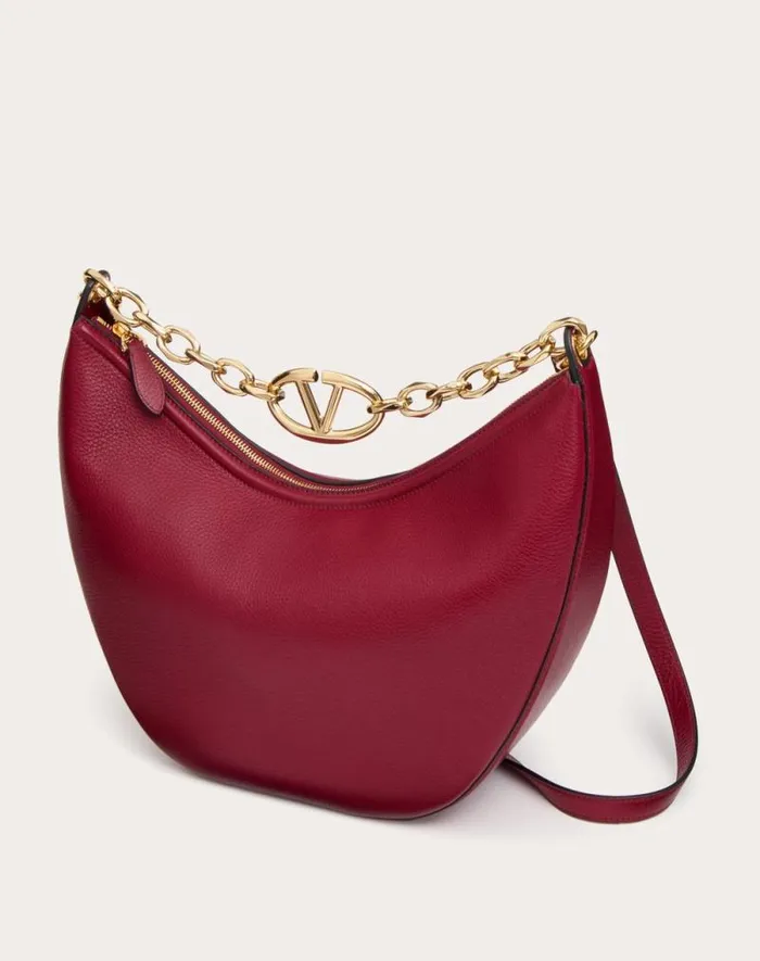 Valentino Shoulder Bags Woman Vlogo Moon Medium Grainy Calfskin Hobo Bag With Chain For Woman In Almond Almond