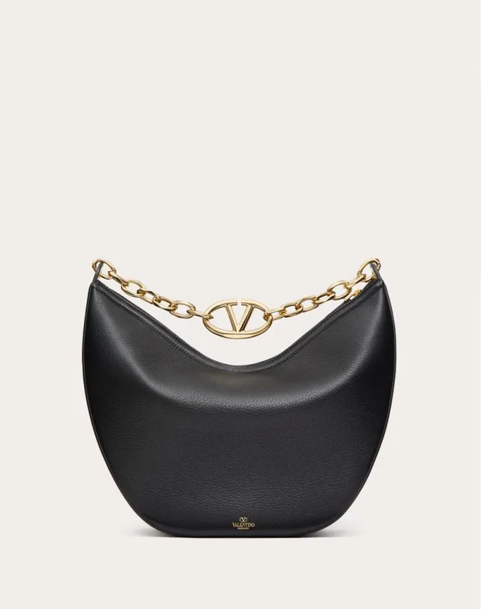 Valentino Shoulder Bags Woman Vlogo Moon Medium Grainy Calfskin Hobo Bag With Chain For Woman In Almond Almond