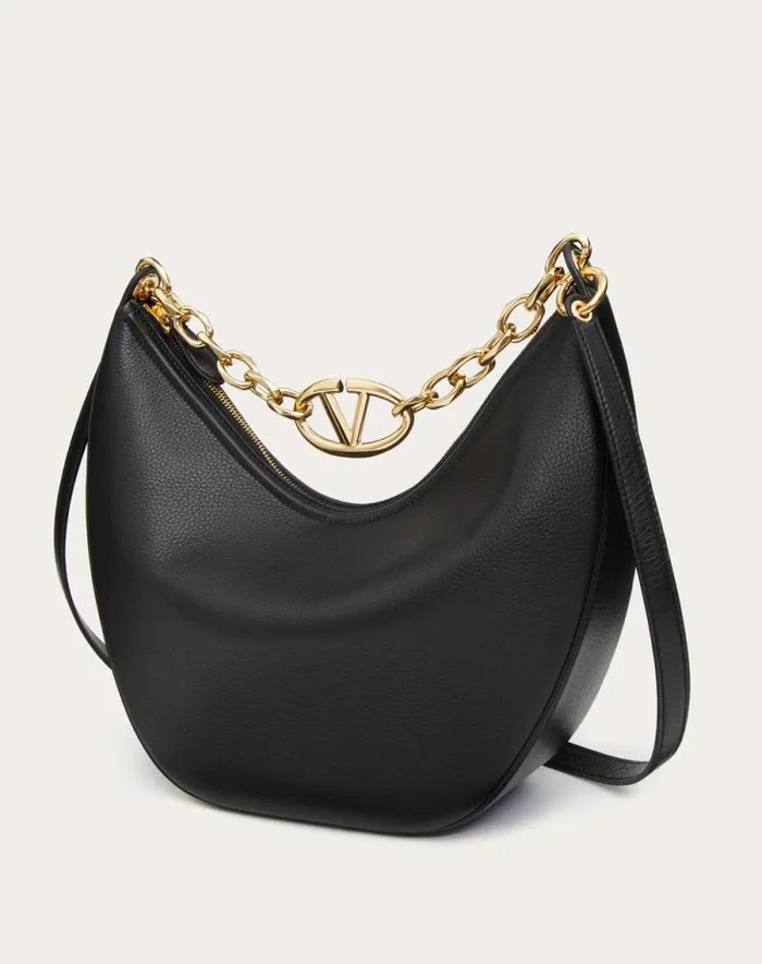 Valentino Shoulder Bags Woman Vlogo Moon Medium Grainy Calfskin Hobo Bag With Chain For Woman In Almond Almond