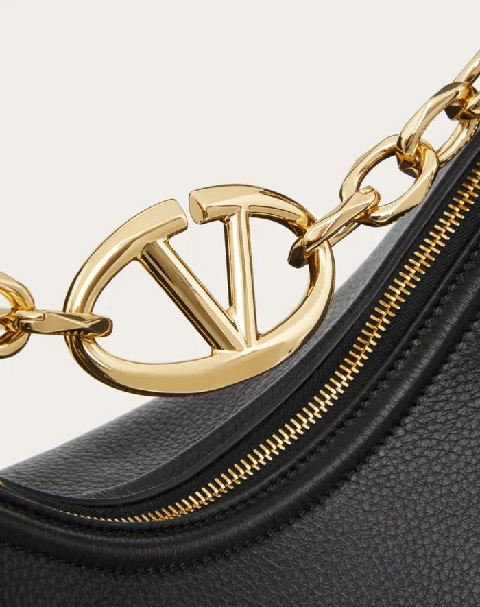 Valentino Shoulder Bags Woman Vlogo Moon Medium Grainy Calfskin Hobo Bag With Chain For Woman In Almond Almond