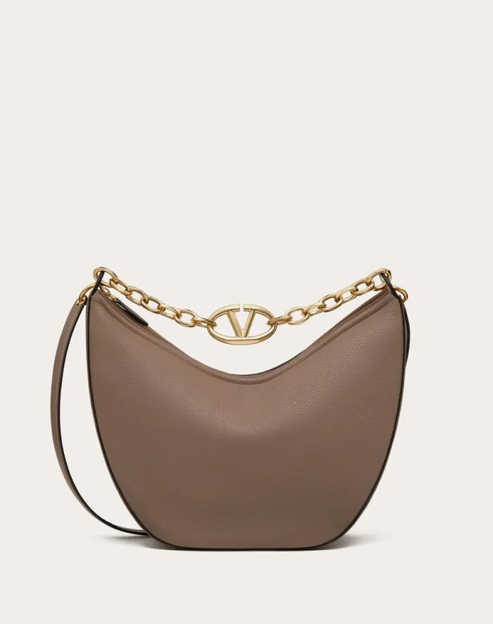 Valentino Shoulder Bags Woman Vlogo Moon Medium Grainy Calfskin Hobo Bag With Chain For Woman In Almond Almond
