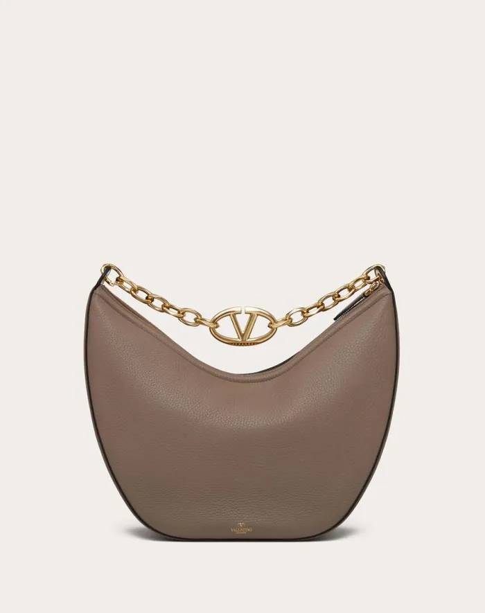 Valentino Shoulder Bags Woman Vlogo Moon Medium Grainy Calfskin Hobo Bag With Chain For Woman In Almond Almond