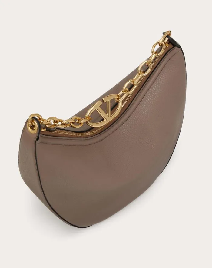Valentino Shoulder Bags Woman Vlogo Moon Medium Grainy Calfskin Hobo Bag With Chain For Woman In Almond Almond