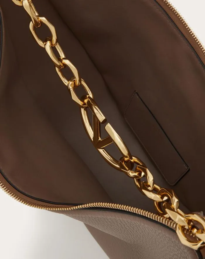 Valentino Shoulder Bags Woman Vlogo Moon Medium Grainy Calfskin Hobo Bag With Chain For Woman In Almond Almond