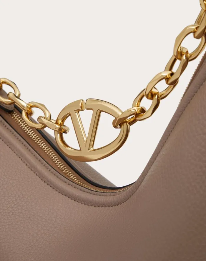 Valentino Shoulder Bags Woman Vlogo Moon Medium Grainy Calfskin Hobo Bag With Chain For Woman In Almond Almond