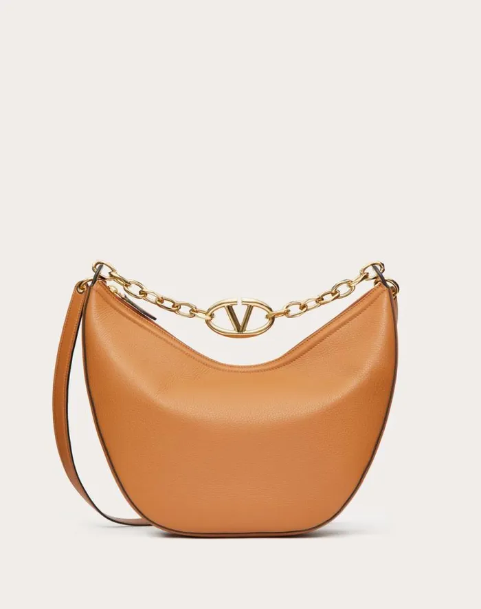 Valentino Shoulder Bags Woman Vlogo Moon Medium Grainy Calfskin Hobo Bag With Chain For Woman In Almond Almond