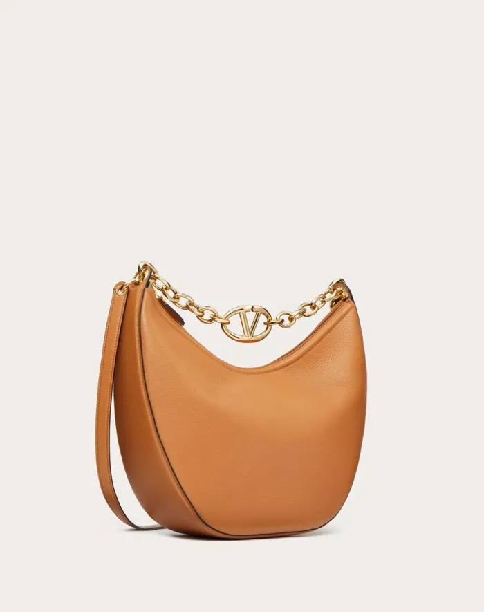 Valentino Shoulder Bags Woman Vlogo Moon Medium Grainy Calfskin Hobo Bag With Chain For Woman In Almond Almond