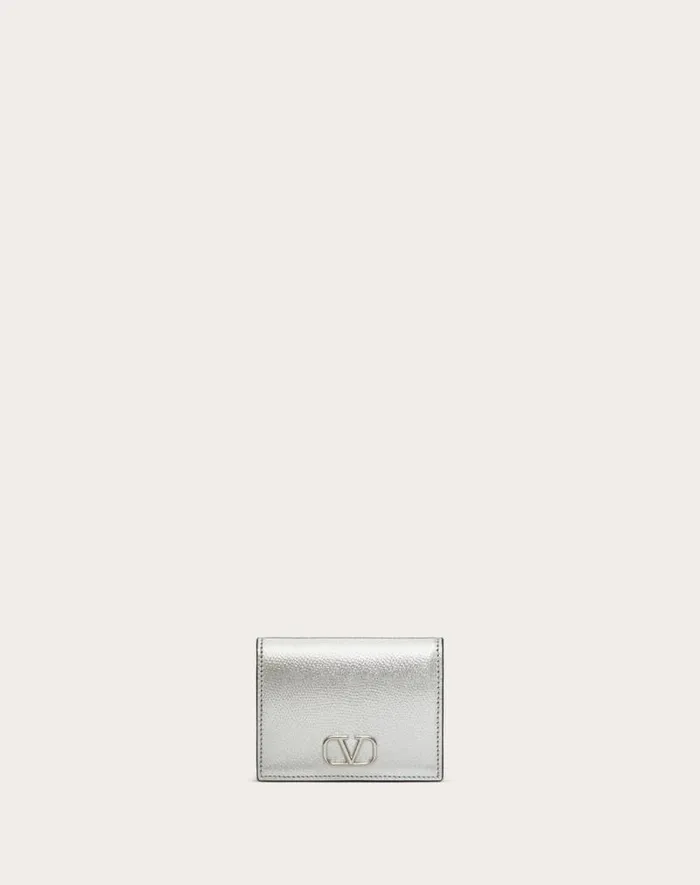 Valentino Wallets And Small Leather Goods Woman Vlogo Signature Metallic Grainy Calfskin Compact Wallet For Woman In Silver Silver Valentino Wallets And Small Leather Goods Woman Vlogo Signature Metallic Grainy Calfskin Compact Wallet For Woman In Silver Silver