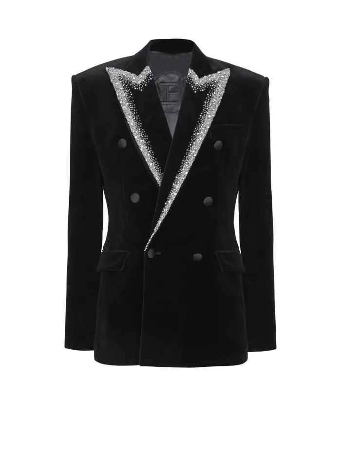 Velvet Jacket With Embroidered Collar Black Men Balmain Jackets And Blazers