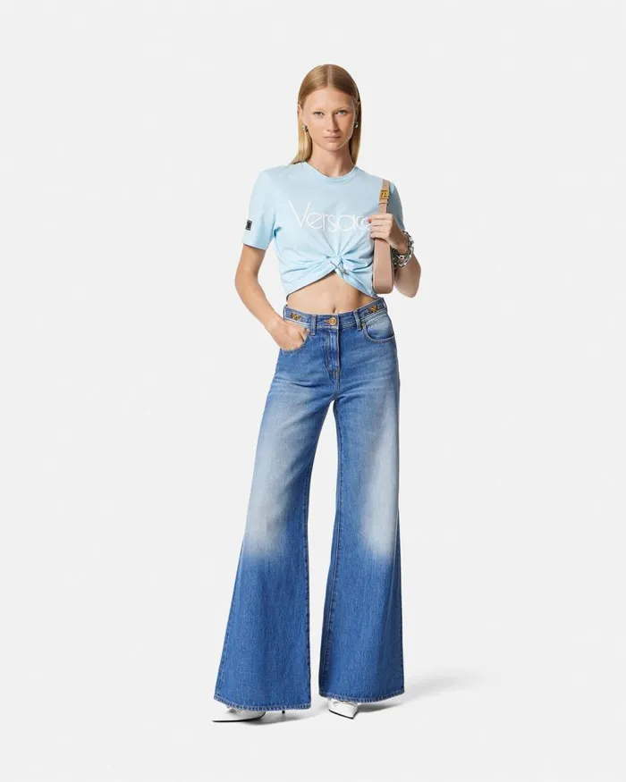 Versace 1978 ReEdition Logo Crop TShirt Light Blue Women TShirts and Sweatshirts Versace 1978 ReEdition Logo Crop TShirt Light Blue Women TShirts and Sweatshirts