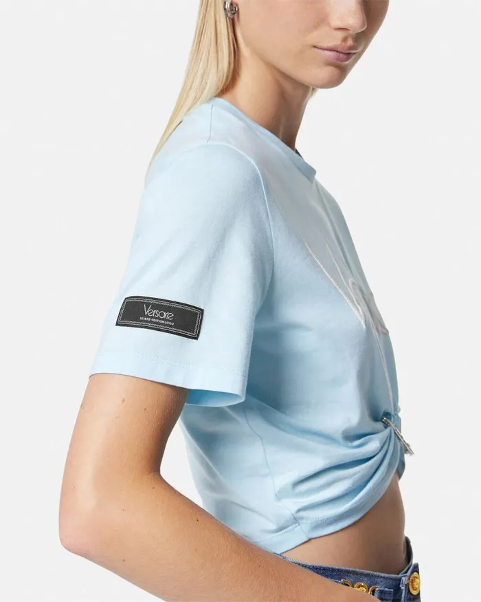 Versace 1978 ReEdition Logo Crop TShirt Light Blue Women TShirts and Sweatshirts Versace 1978 ReEdition Logo Crop TShirt Light Blue Women TShirts and Sweatshirts